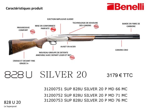 Fusil Benelli 828 U Silver  Cal 20/76  canon 71cm – Image 8