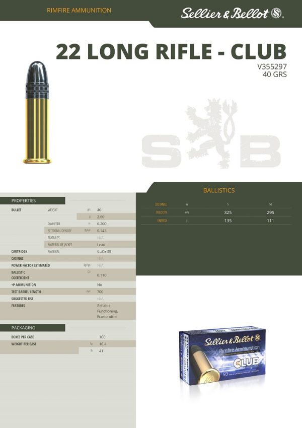 Munitions Sellier Bellot 22 Lr Club LRN 40 grs x 50 – Image 3