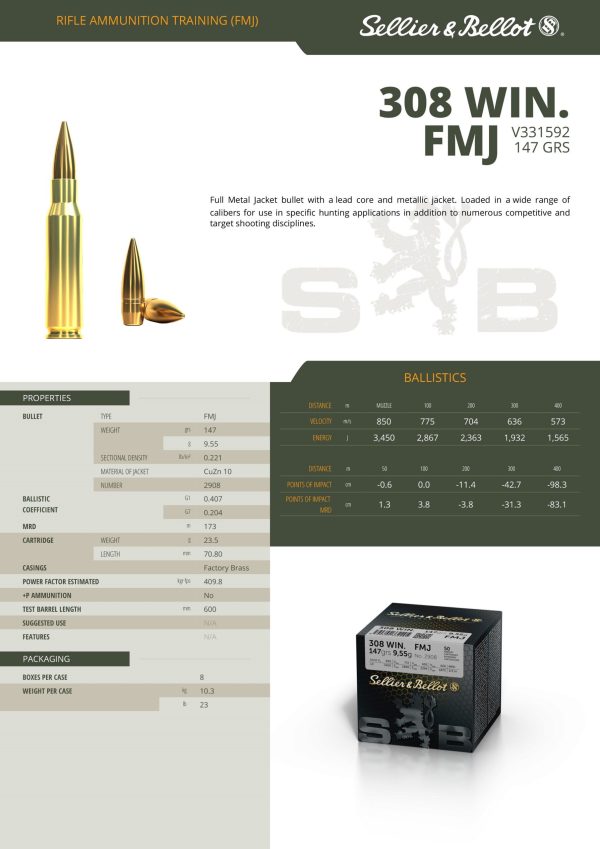 Sellier Bellot 308 Winchester FMJ 180 grains  X50 – Image 3