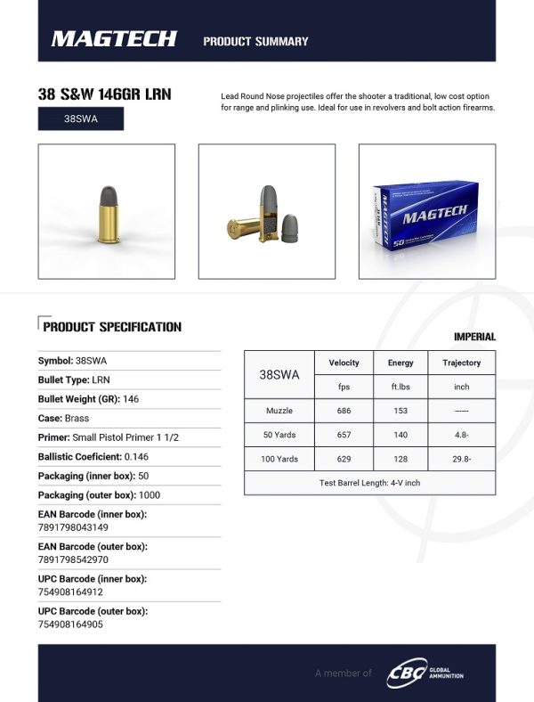 munitions  MAGTECH 38 SW 146 gr LRN X 50 – Image 3