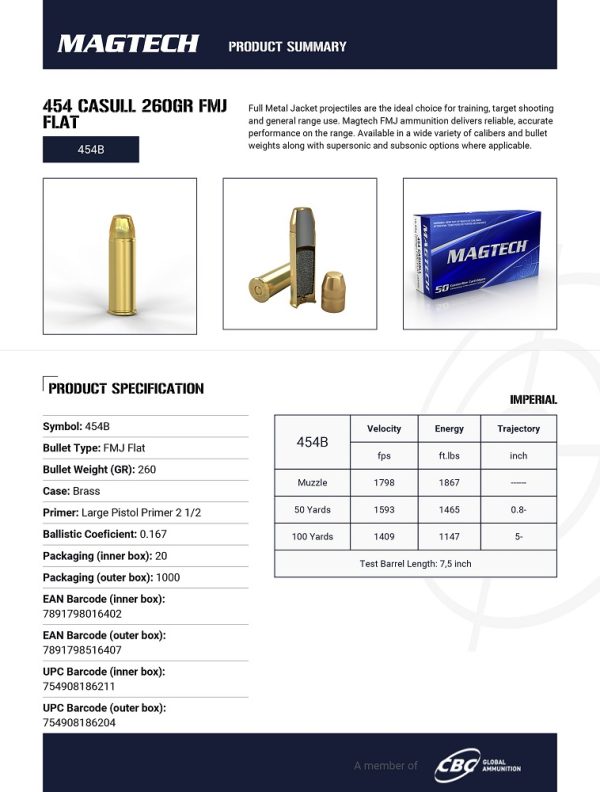 Boite de 20 munitions Magtech cal 454 Casull 260 grs FMJ(Copie) – Image 2