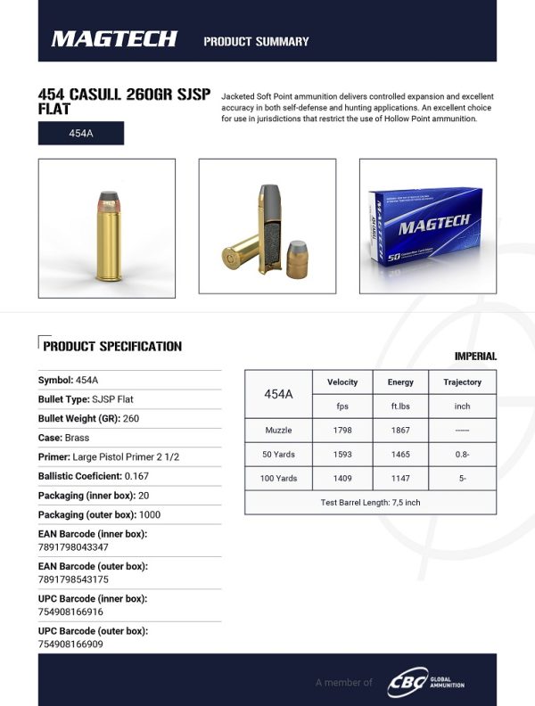 Boite de 20 munitions Magtech cal 454 Casull 260 grs SJSP – Image 2