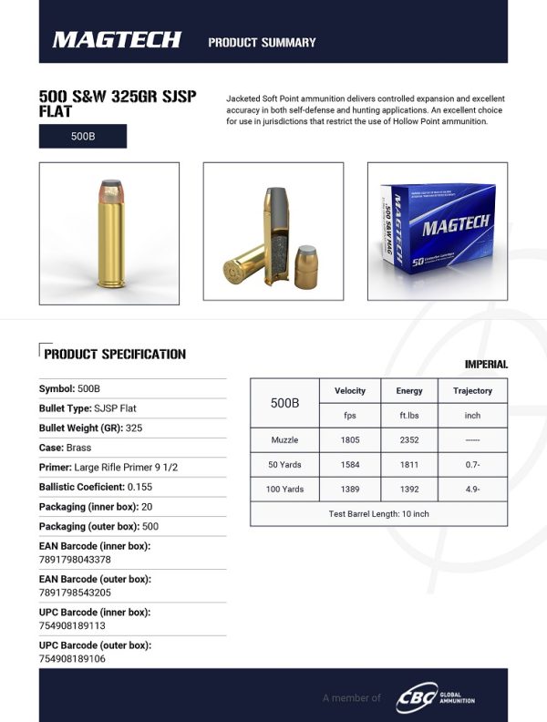 Boite de 20 munitions Magtech cal 500 S&W Mag 325 grs SJSP – Image 2