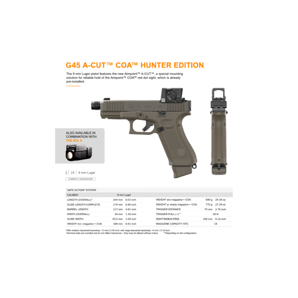 PISTOLET GLOCK 45 HUNTER EDITION A-CUT FILETE COMBO AIMPOINT COA – Image 6